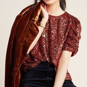 Anthropologie Orange Sequin Puff Sleeve Blouse